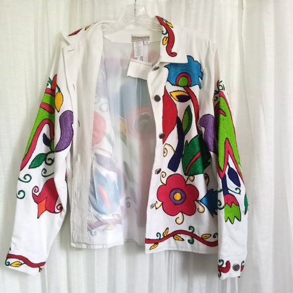 Coldwater Creek Embroidered Jacket Tropical Floral White Cotton Denim Buttons M - Picture 3 of 8
